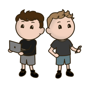 Cartoon drawing of Peddy and 0ptim standing next to each other.